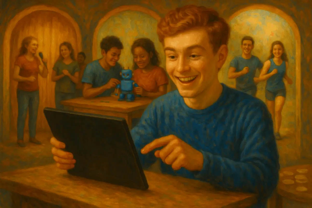 Child happily using a tablet, with other children in the background