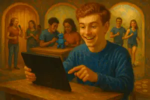 Child happily using a tablet, with other children in the background