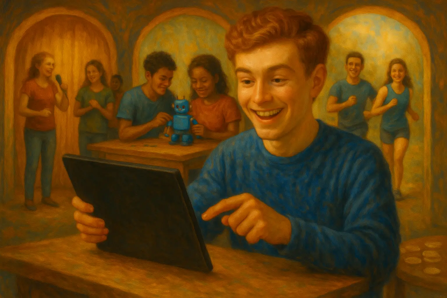 Child happily using a tablet, with other children in the background